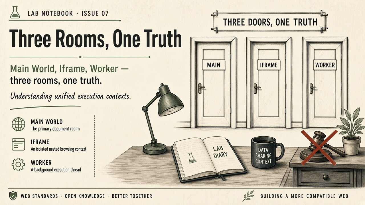 Main world, iframe, Worker: one truth in three rooms — Cover